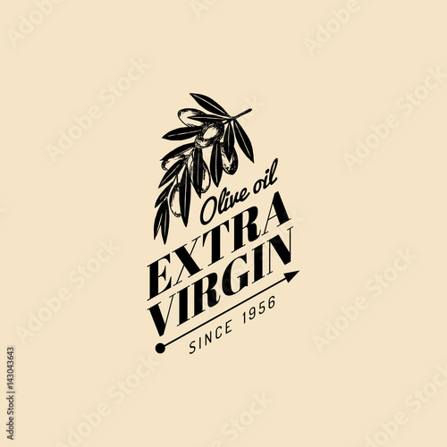 Vector vintage olive logo. Retro emblem with branch. Hand sketched natural extra virgin oil production sign.