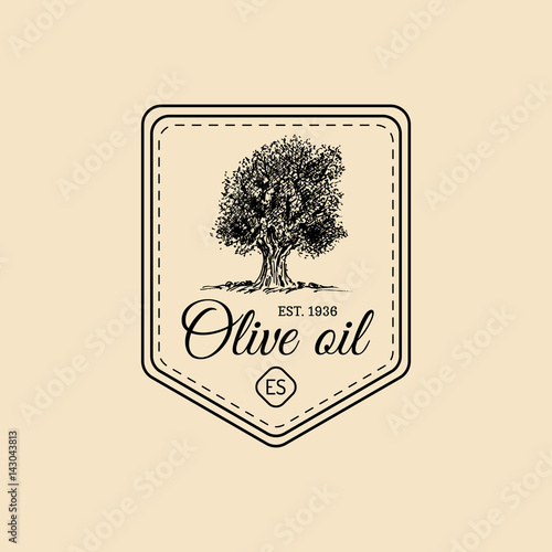 Vector vintage extra virgin olive oil logo. Retro emblem with tree. Hand sketched rural farm production sign.