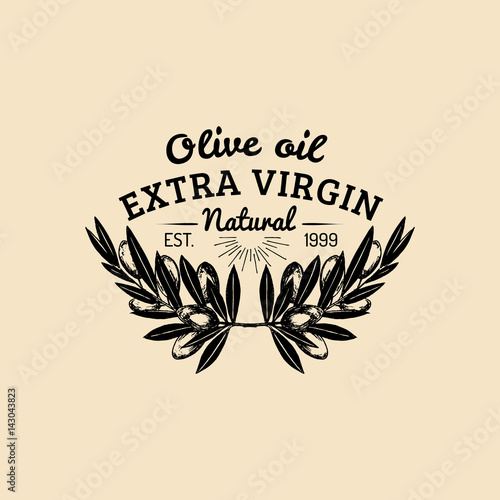 Vector vintage olive logo. Retro emblem with branches. Hand sketched natural extra virgin oil production sign.