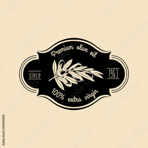 Vector vintage olive logo. Retro emblem with branch. Hand sketched natural extra virgin oil production sign.