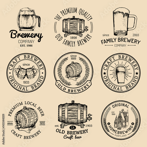 Old brewery logos set. Kraft beer retro signs or icons with hand sketched glass, barrel, mug etc. Vector vintage labels.