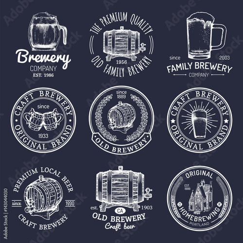 Old brewery logos set. Kraft beer retro signs or icons with hand sketched glass, barrel, mug etc. Vector vintage labels.