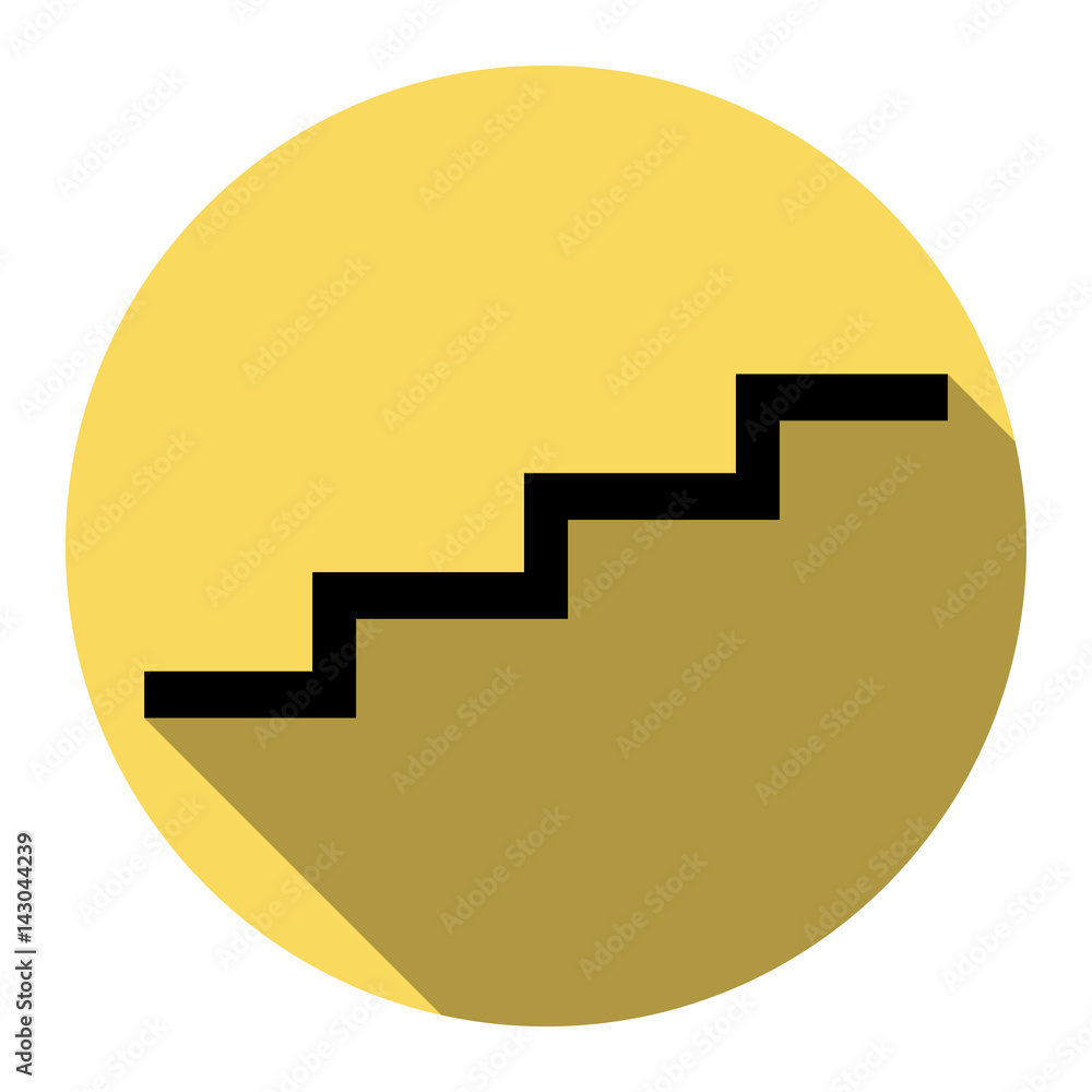 Stair up sign. Vector. Flat black icon with flat shadow on royal yellow circle with white background. Isolated. Stair up sign. Vector. Flat black icon with flat shadow on royal yellow circle with white background. Isolated.