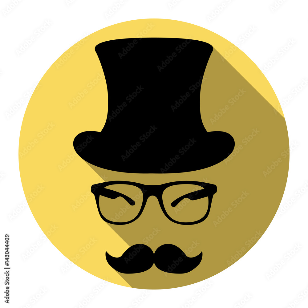 Hipster accessories design. Vector. Flat black icon with flat shadow on royal yellow circle with white background. Isolated.