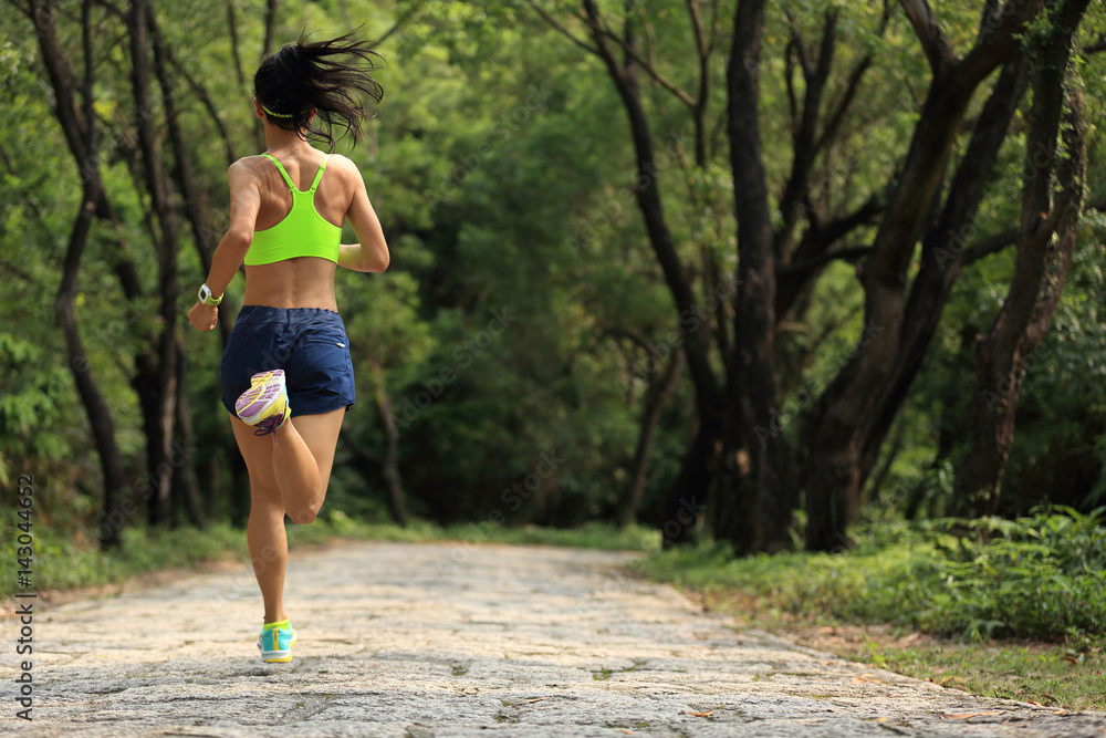 young fitness woman trail runner running in forest young fitness woman trail runner running in forest