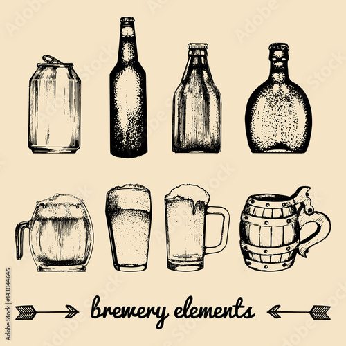 Vector set of vintage brewery elements. Collection with beer icons. Barrels, bottles, glasses etc.sketched illustrations