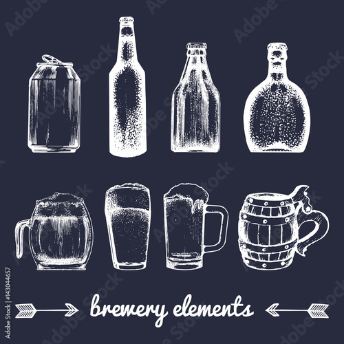 Vector set of vintage brewery elements. Collection with beer icons. Barrels, bottles, glasses etc.sketched illustrations