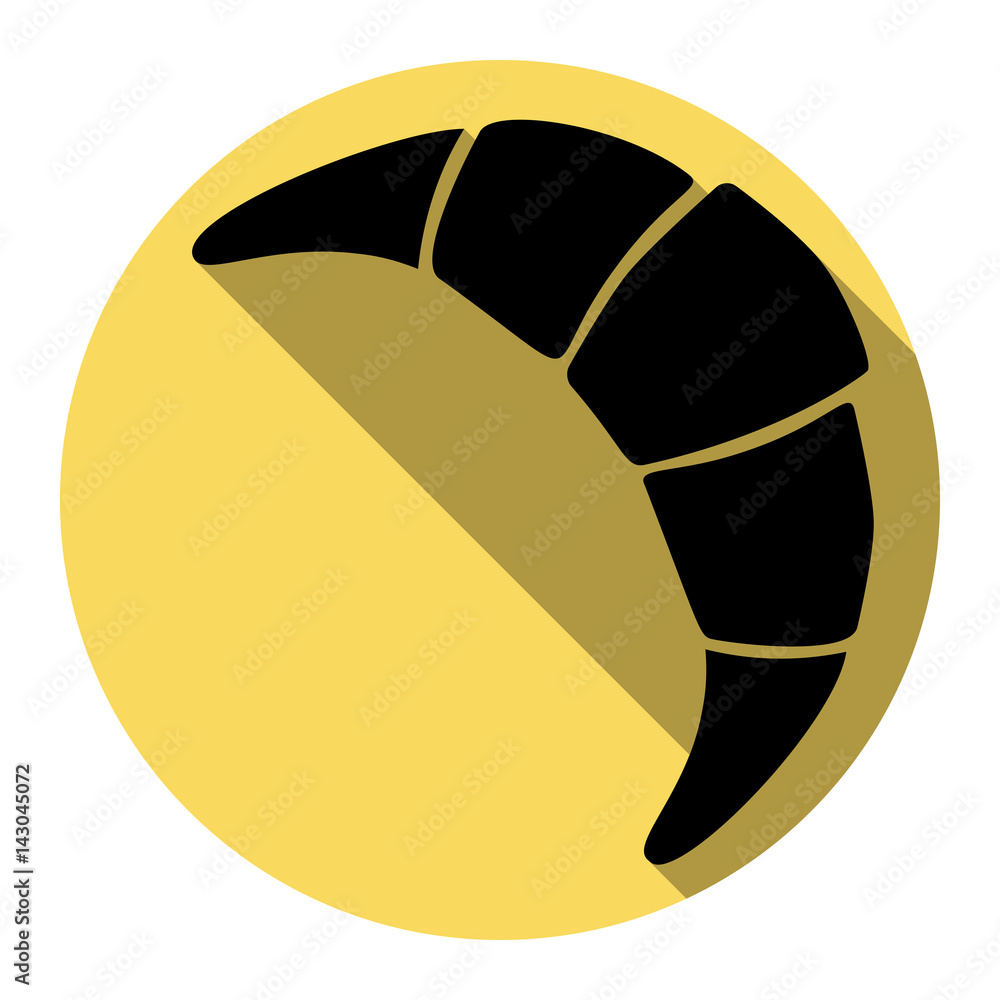 Croissant simple sign. Vector. Flat black icon with flat shadow on royal yellow circle with white background. Isolated. Croissant simple sign. Vector. Flat black icon with flat shadow on royal yellow circle with white background. Isolated.