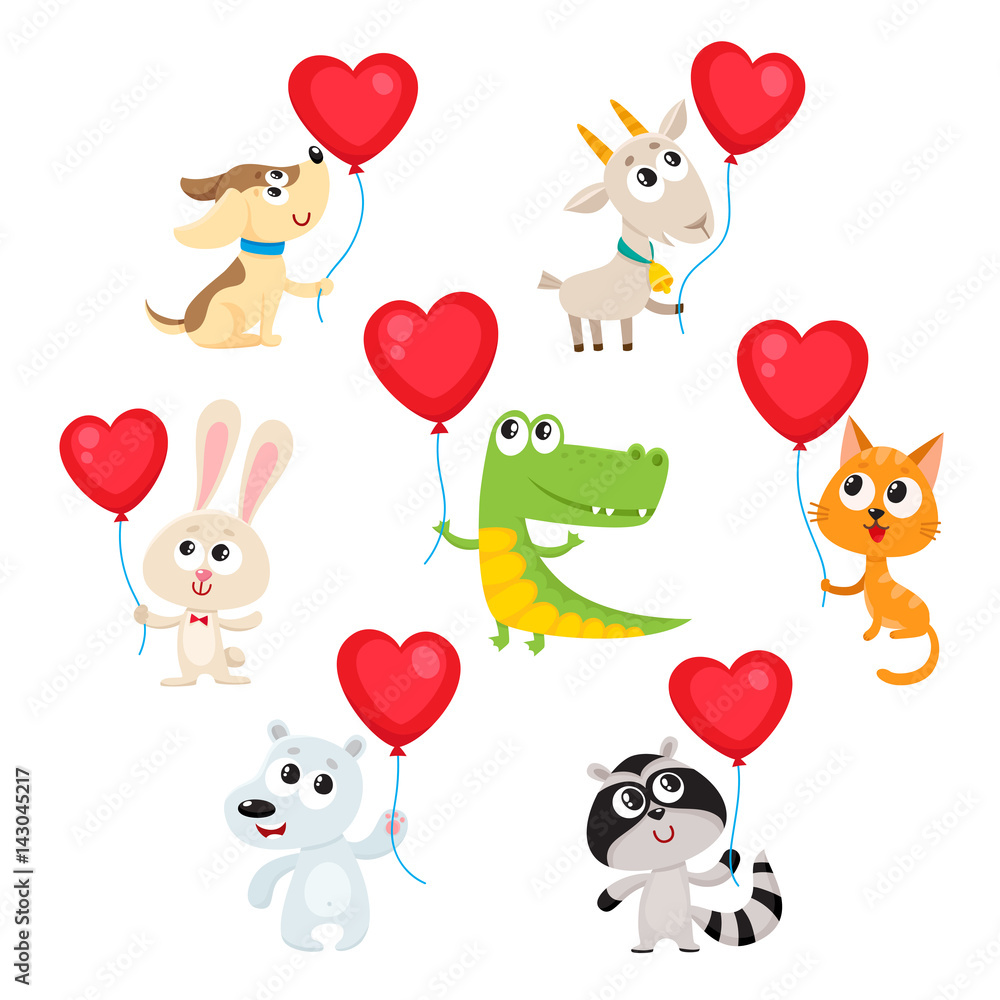 Cute and funny baby animals holding red heart shaped balloons ...