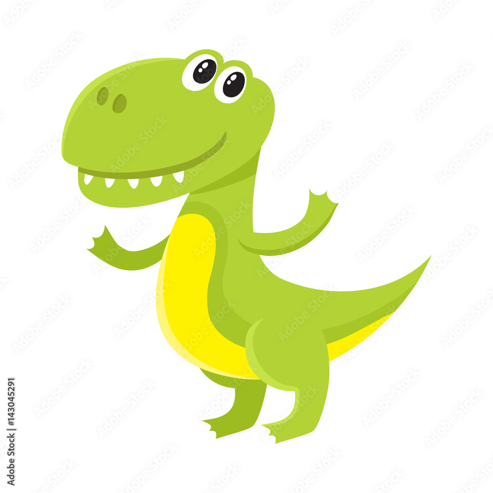 Fototapeta premium Cute and funny smiling baby tyrannosaurus, dinosaur, cartoon vector illustration isolated on white background. Funny, happy T-rex dinosaur, tyrannosaurus character, decoration element