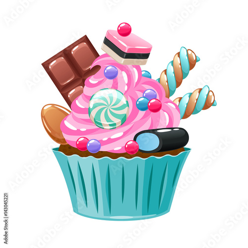 Colorful cupcake decorated with sweets and candies.