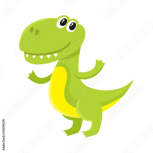 Cute and funny smiling baby tyrannosaurus  dinosaur  cartoon vector illustration isolated on white background. Funny  happy T-rex dinosaur  tyrannosaurus character  decoration element