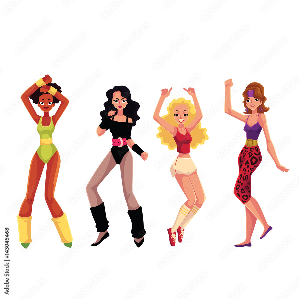 Girls, women in 80s style aerobics outfit enjoying sport dance workout,  cartoon vector illustration isolated on white background. Retro, vintage  style girls, women dancing, aerobic fitness workout Stock Vector