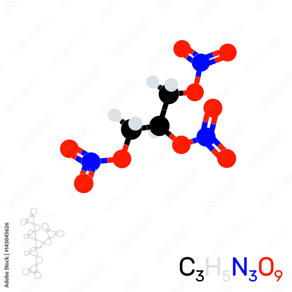 Trinitroglycerin (nitroglycerin) model molecule.Isolated on white background. Vector illustration.