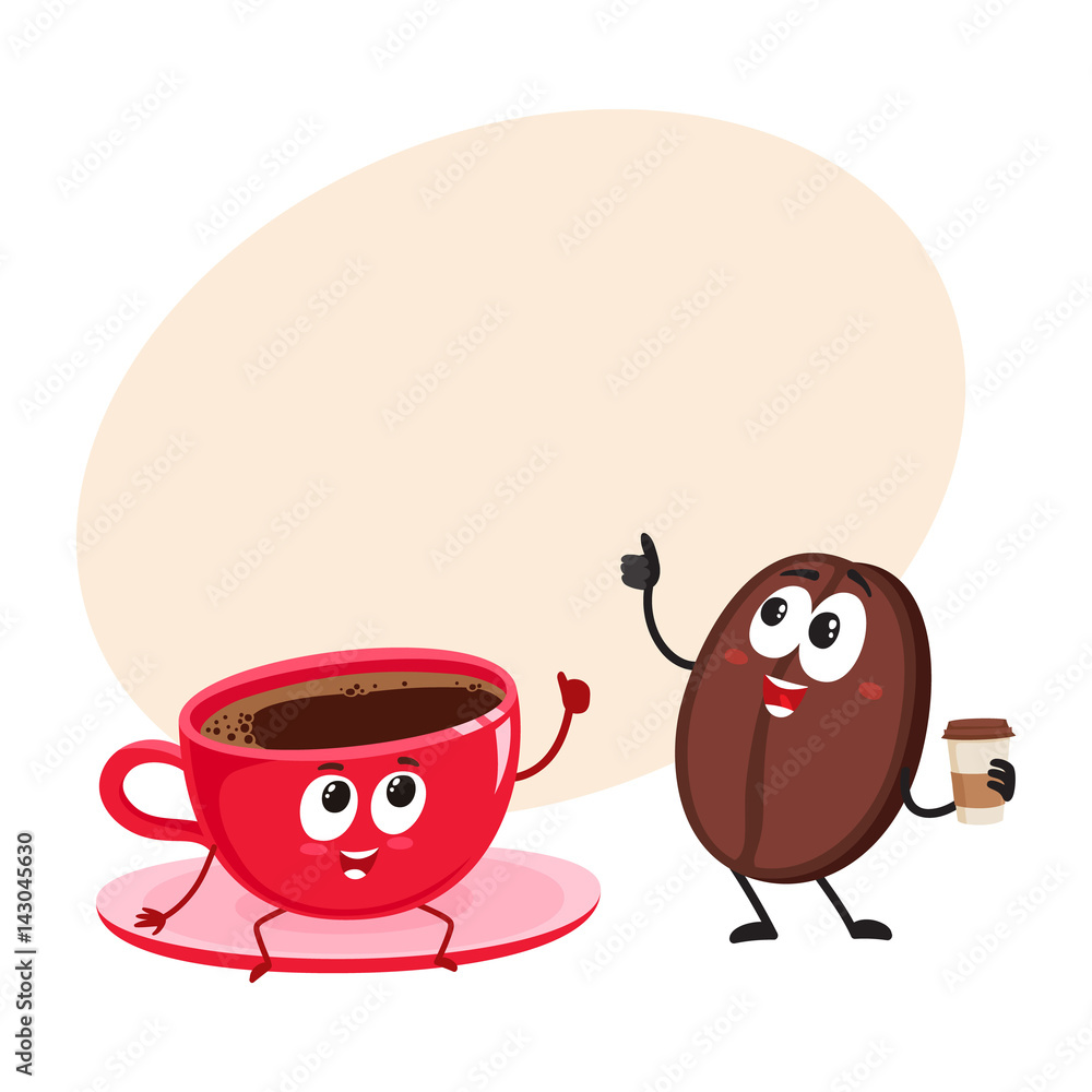 Funny coffee bean and espresso cup characters showing thumb up, cartoon ...