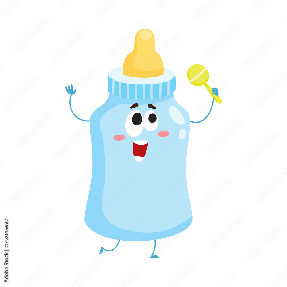 Cute and funny baby milk, feeding bottle character with human face holding  rattle toy, cartoon vector illustration isolated on white background. Milk  bottle character, mascot, child care concept Stock Vector | Adobe
