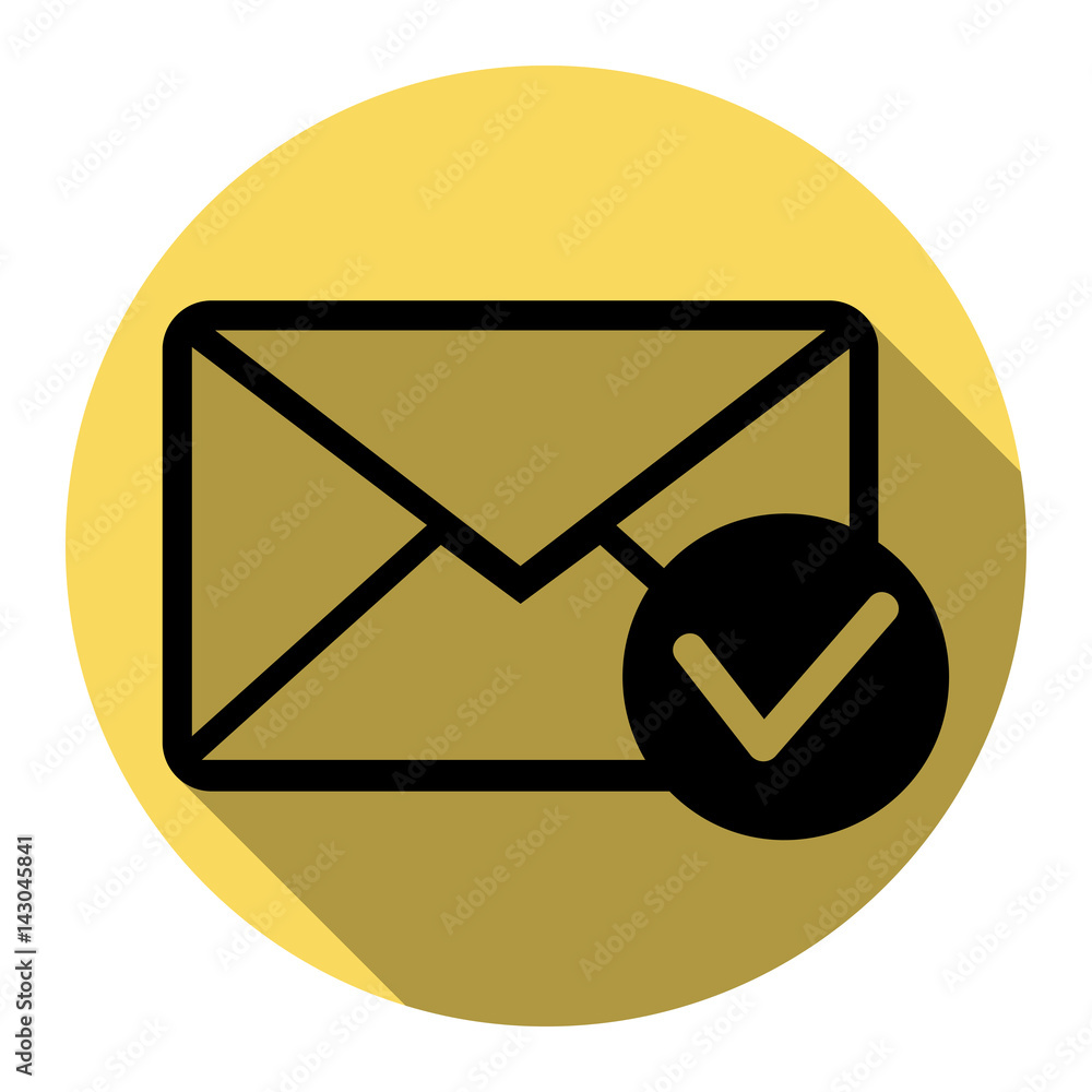 Mail sign illustration with allow mark. Vector. Flat black icon with flat shadow on royal yellow circle with white background. Isolated. Mail sign illustration with allow mark. Vector. Flat black icon with flat shadow on royal yellow circle with white background. Isolated.