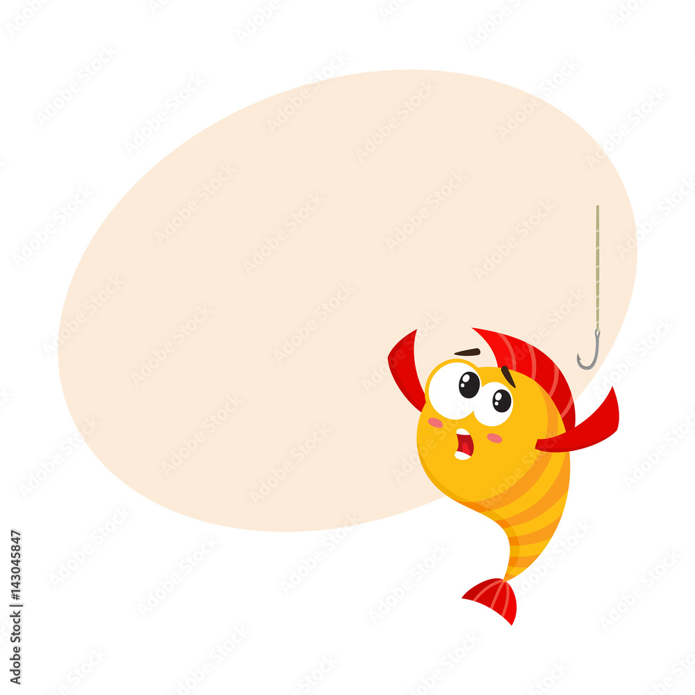 Funny golden, yellow fish character with human face scared of fishing hook,  cartoon vector illustration with place for text. Yellow fish character,  mascot too smart to get caught on hook Stock Vector |