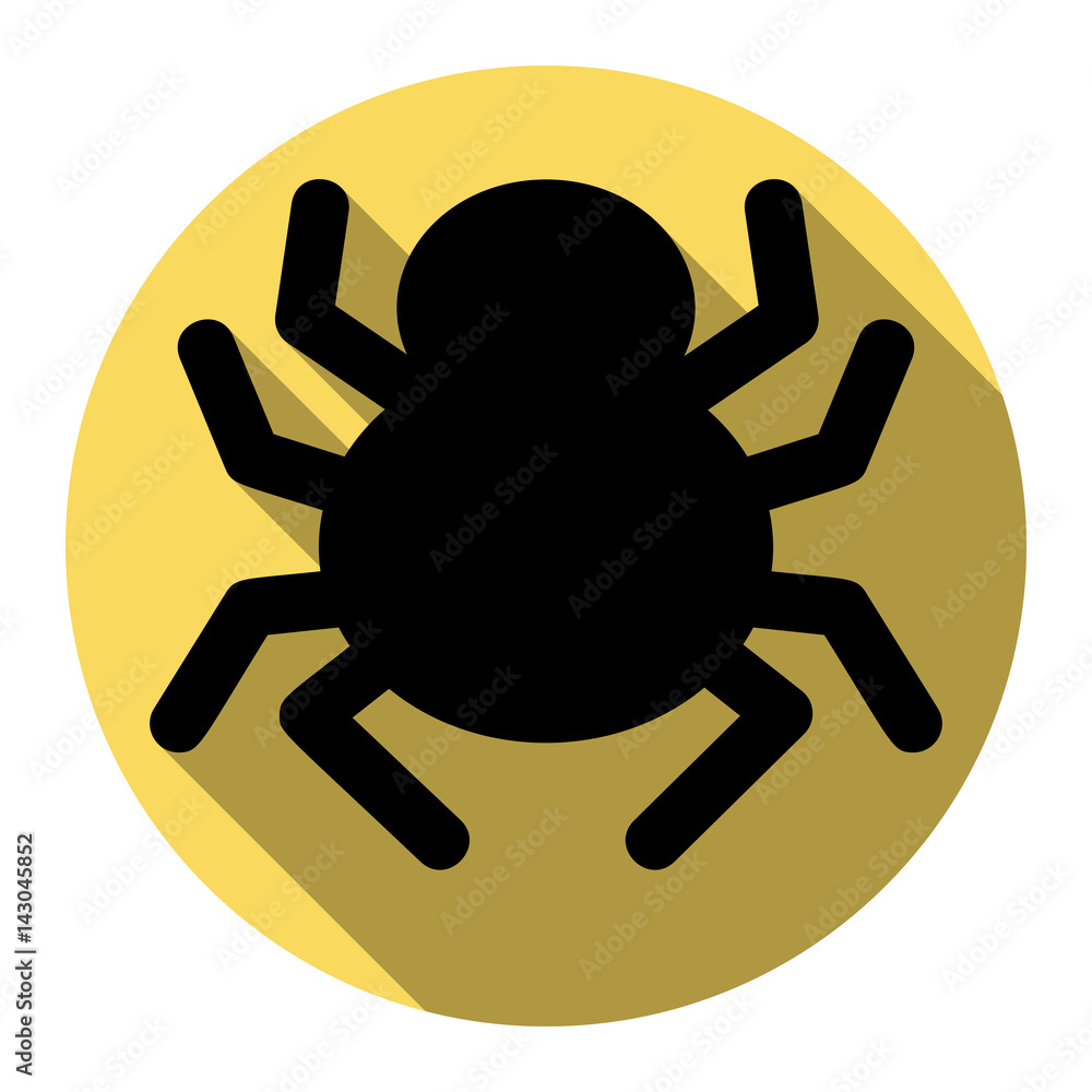 Spider sign illustration. Vector. Flat black icon with flat shadow on royal yellow circle with white background. Isolated. Spider sign illustration. Vector. Flat black icon with flat shadow on royal yellow circle with white background. Isolated.
