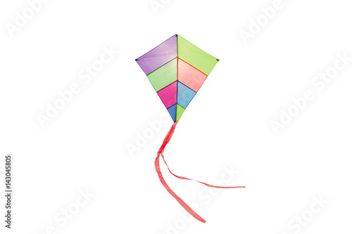 angle view of a colorful kite flying with waving red bow in a white background