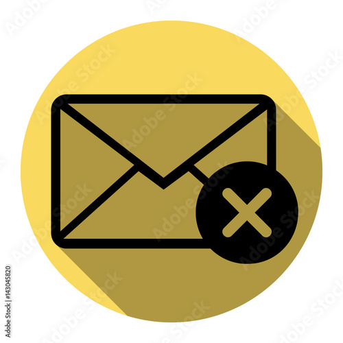 Mail sign illustration with cacel mark. Vector. Flat black icon with flat shadow on royal yellow circle with white background. Isolated.