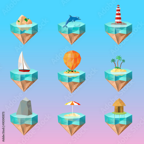 Tropical Island Symbols Polygonal Icons Set 