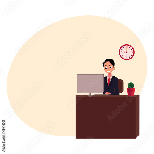 Young businessman sitting and working at office desk, looking at the monitor, cartoon vector illustration with place for text. Businessman, worker, employee working in office, on computer