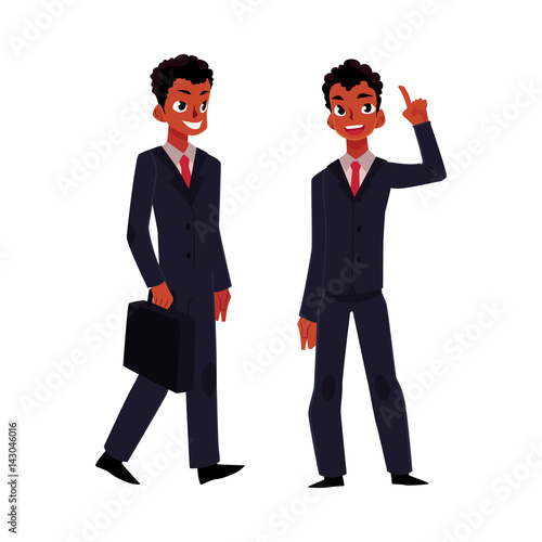Black, African American businessman, manager in business suit holding briefcase and having idea, pointing up, cartoon vector illustration isolated on white background. Black ambitious businessman