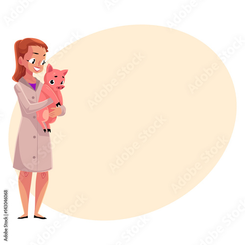 Young woman, female veterinarian doctor, vet in white medical coat holding little pig, cartoon vector illustration with place for text. . Female, woman veterinarian doctor, vet holding a piglet