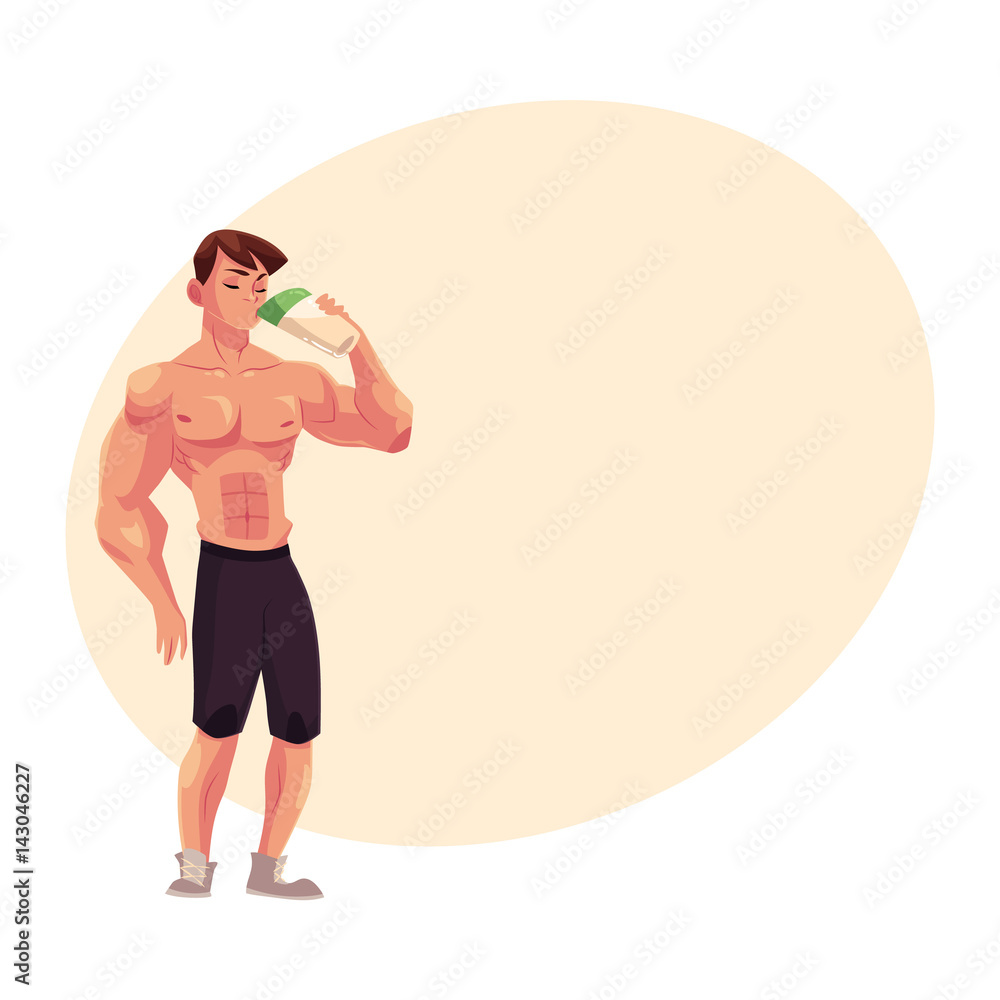 Man bodybuilder, weightlifter drinking protein shake after training, cartoon vector illustration with place for text. Full length portrait of man bodybuilder drinking protein shake Man bodybuilder, weightlifter drinking protein shake after training, cartoon vector illustration with place for text. Full length portrait of man bodybuilder drinking protein shake