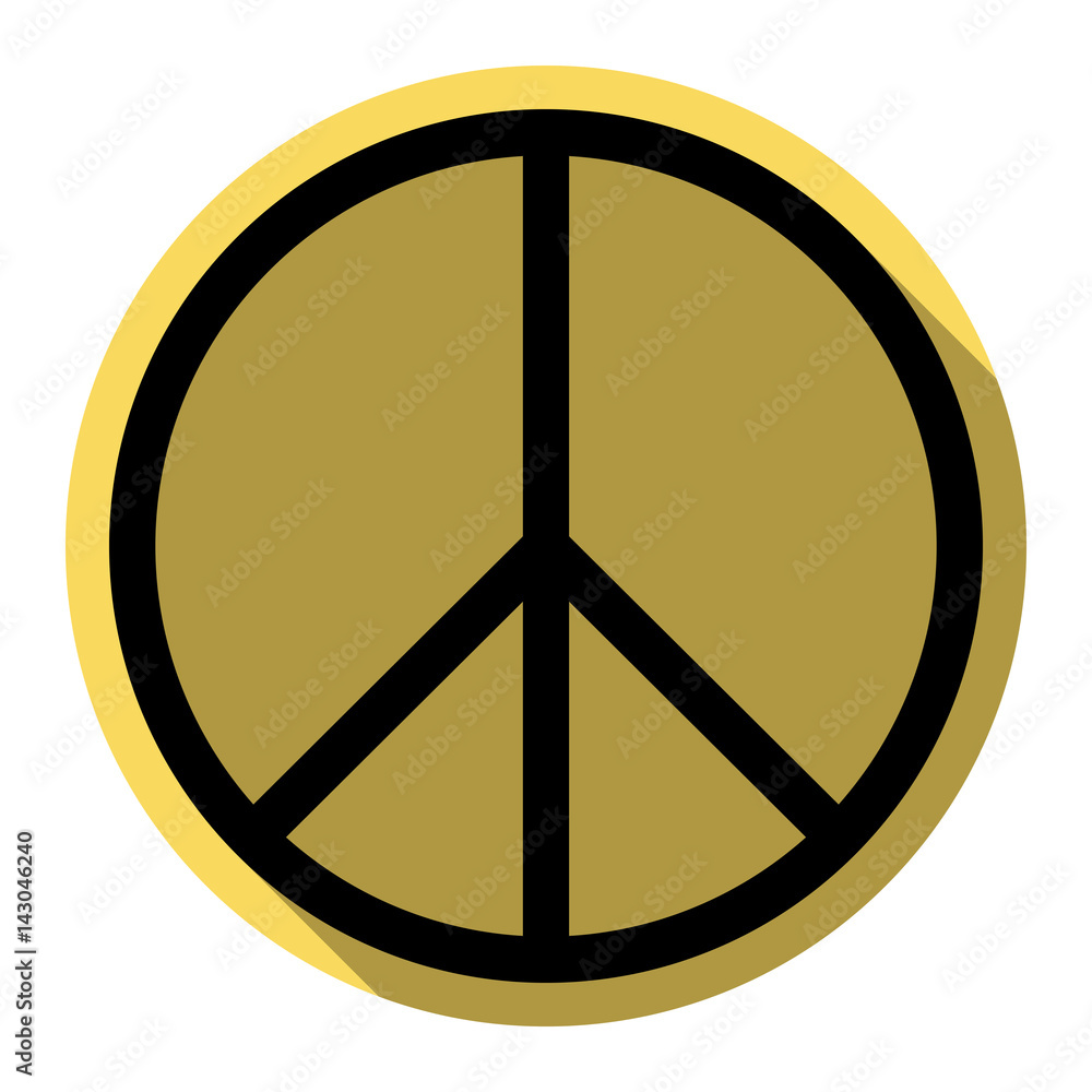 Peace sign illustration. Vector. Flat black icon with flat shadow on royal yellow circle with white background. Isolated. Peace sign illustration. Vector. Flat black icon with flat shadow on royal yellow circle with white background. Isolated.