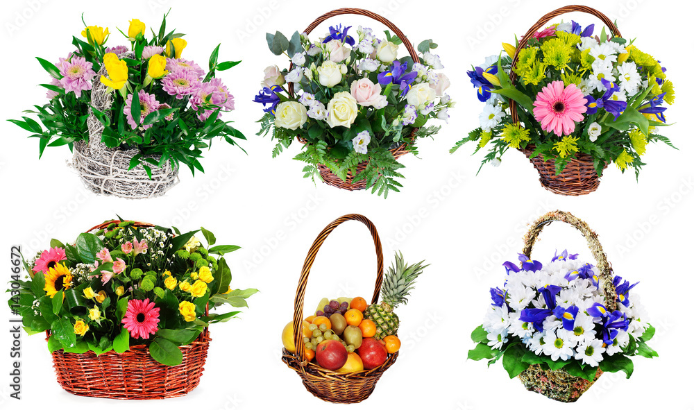 Set of baskets of fresh flowers, gift, isolated on white background Set of baskets of fresh flowers, gift, isolated on white background