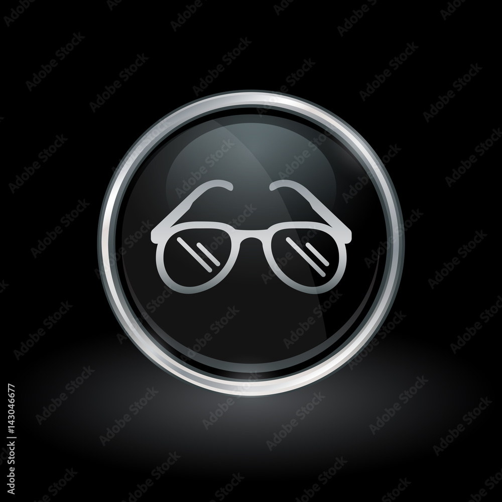 Eyewear symbol with sunglasses icon inside round chrome silver and black button emblem on black background. Vector illustration. Eyewear symbol with sunglasses icon inside round chrome silver and black button emblem on black background. Vector illustration.