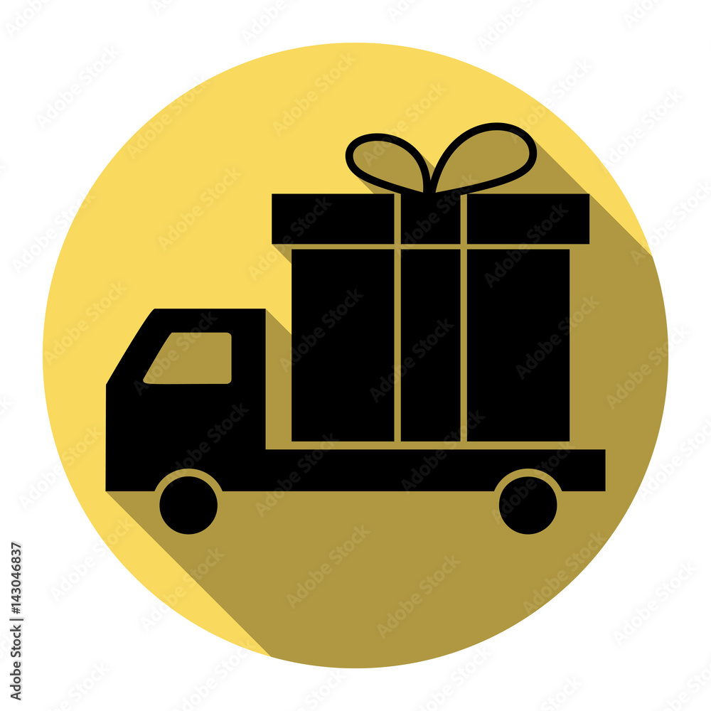 Delivery gift sign. Vector. Flat black icon with flat shadow on royal yellow circle with white background. Isolated. Delivery gift sign. Vector. Flat black icon with flat shadow on royal yellow circle with white background. Isolated.