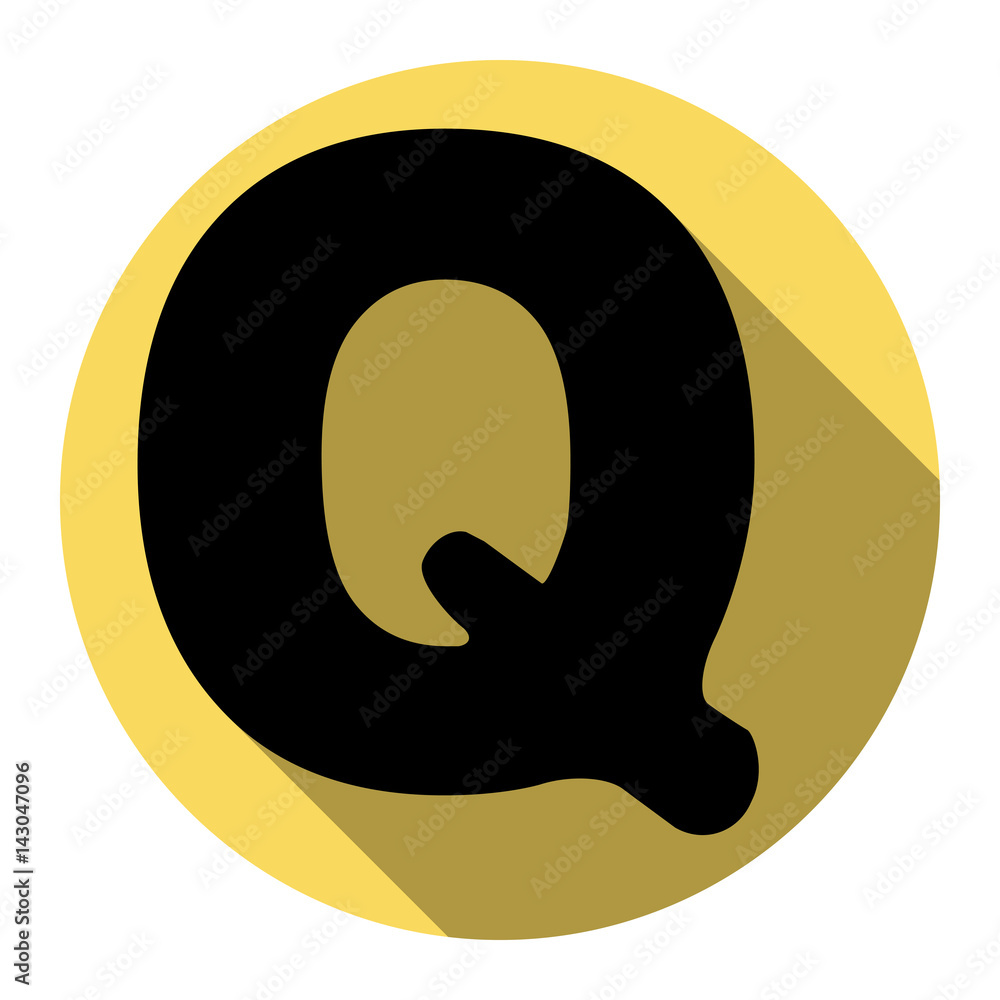 Letter Q sign design template element. Vector. Flat black icon with flat shadow on royal yellow circle with white background. Isolated. Letter Q sign design template element. Vector. Flat black icon with flat shadow on royal yellow circle with white background. Isolated.