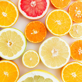 Pattern of citrus on white background. Flat lay, top view. Fruit background
