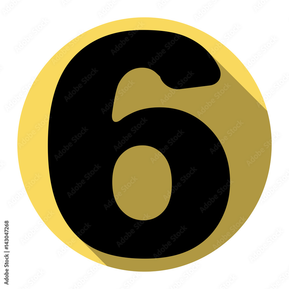Number 6 sign design template element. Vector. Flat black icon with flat shadow on royal yellow circle with white background. Isolated. Number 6 sign design template element. Vector. Flat black icon with flat shadow on royal yellow circle with white background. Isolated.