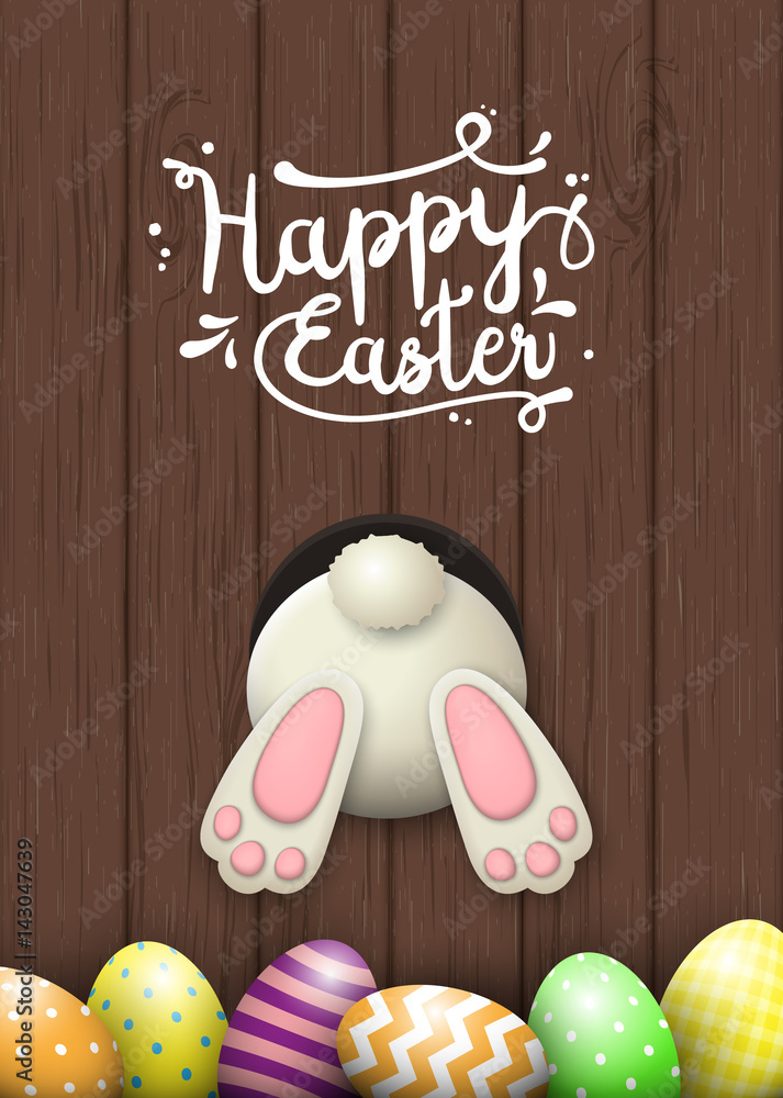 Fototapeta premium Easter motive, bunny bottom and easter eggs on brown wooden background, illustration