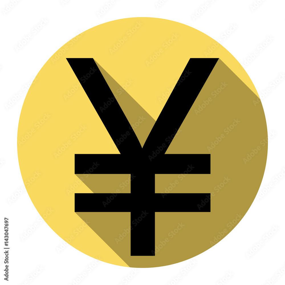 Obraz premium Yen sign. Vector. Flat black icon with flat shadow on royal yellow circle with white background. Isolated.