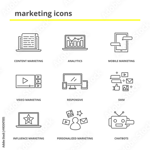 Marketing icons set: content, mobile, video, influence and personalized marketing, analytics, responsive, SMM, chatbots