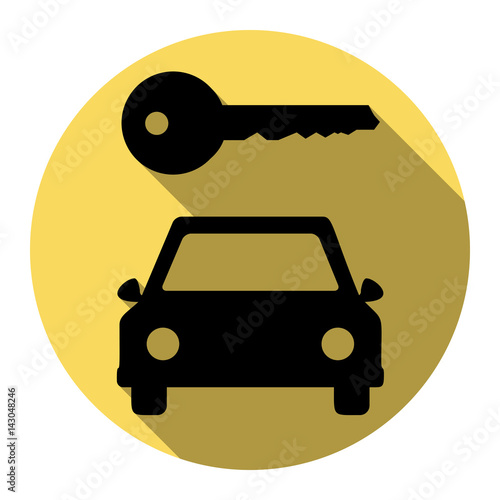 Car key simplistic sign. Vector. Flat black icon with flat shadow on royal yellow circle with white background. Isolated.