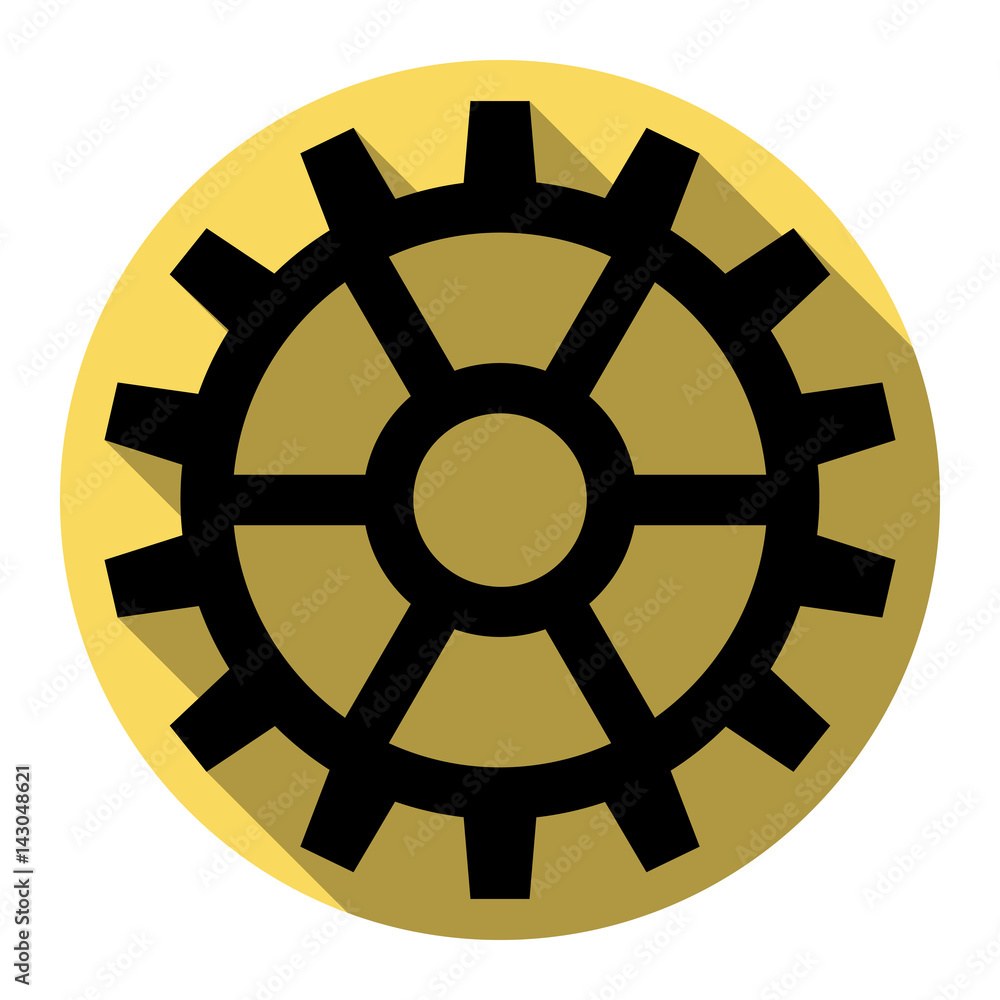 Obraz premium Gear sign. Vector. Flat black icon with flat shadow on royal yellow circle with white background. Isolated.