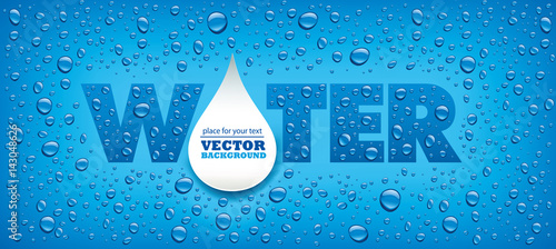 water drops on blue background with place for text in big drop