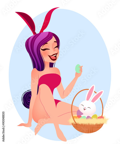 Easter bunny girl illustration. Young smiling girl wearing bunny ears and holding an easter egg