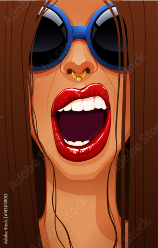 Close-up of sexy woman's face in glasses with beautiful full red lips and opened mouth