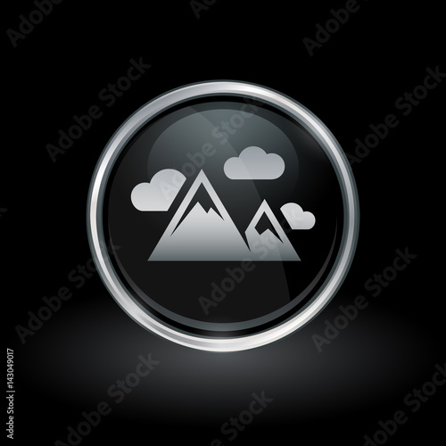 Summit symbol with mountain peak icon inside round chrome silver and black button emblem on black background. Vector illustration.