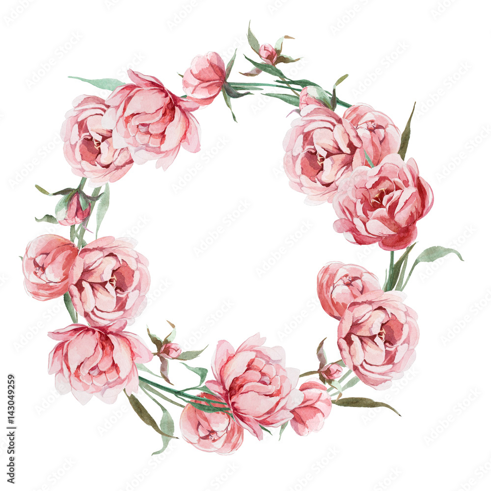 watercolor romantic wreath of rose peony flower isolated on white background. Flower frame for card and wedding.