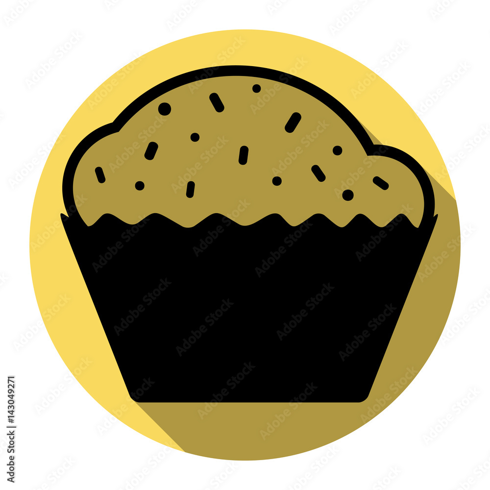 Cupcake sign. Vector. Flat black icon with flat shadow on royal yellow circle with white background. Isolated. Cupcake sign. Vector. Flat black icon with flat shadow on royal yellow circle with white background. Isolated.