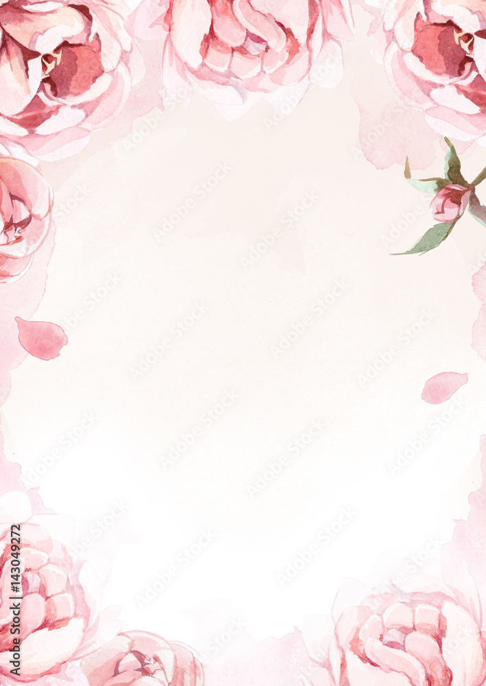 Obraz premium watercolor pink, rose, and red peonies on rose background for greetings card