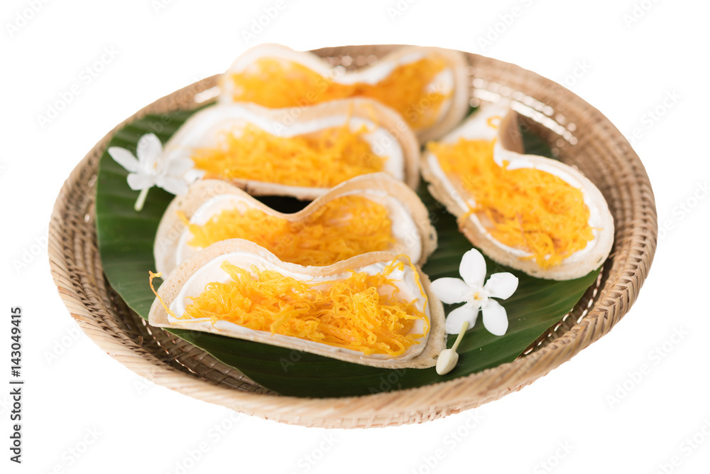 Thai dessert decor with banana leaf and wooden tray isolated with path Thai dessert decor with banana leaf and wooden tray isolated with path